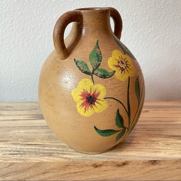 Vintage Tonala Mexican Terracotta and Yellow Floral Pottery Jug Vase - Picture 4 of 8